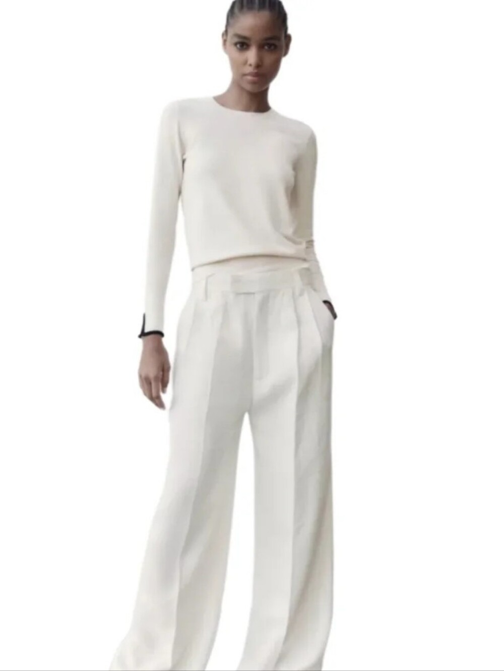 Zara Cream Crewneck Long Sleeve Top